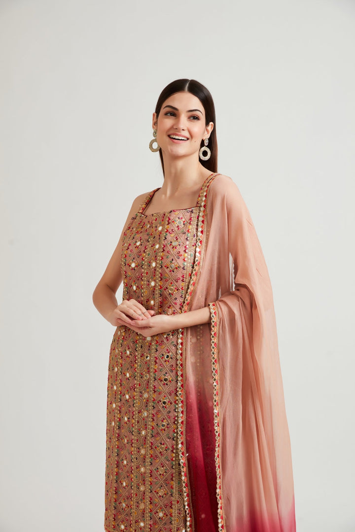 Neerus Pink solid kurta palazzo suit set - detail view 1