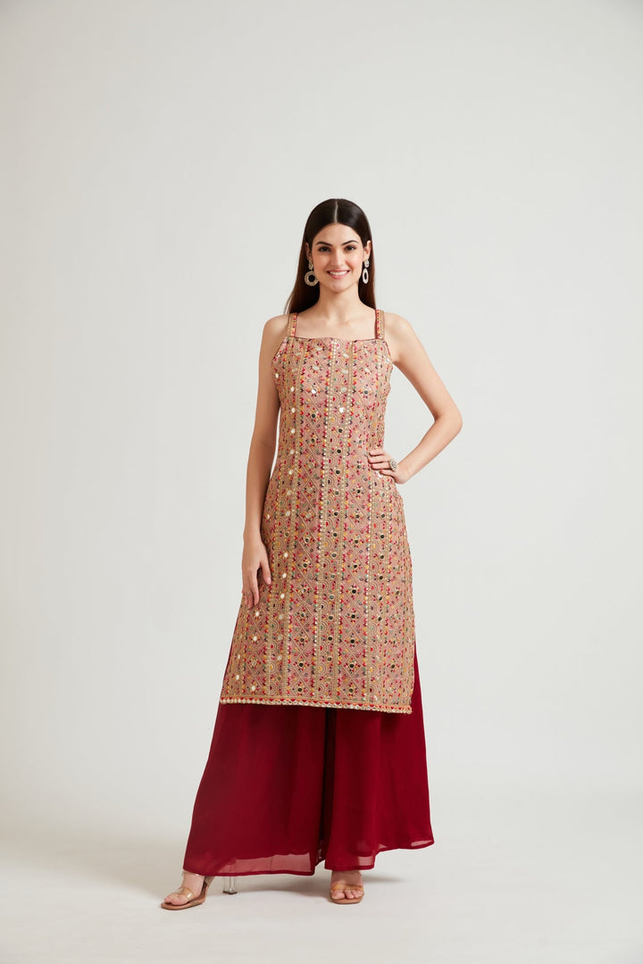 Neerus Pink solid kurta palazzo suit set - side view