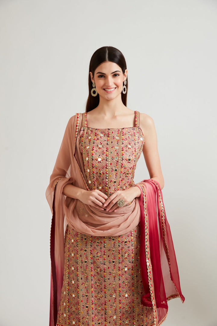 Neerus Pink solid kurta palazzo suit set - detail view 3