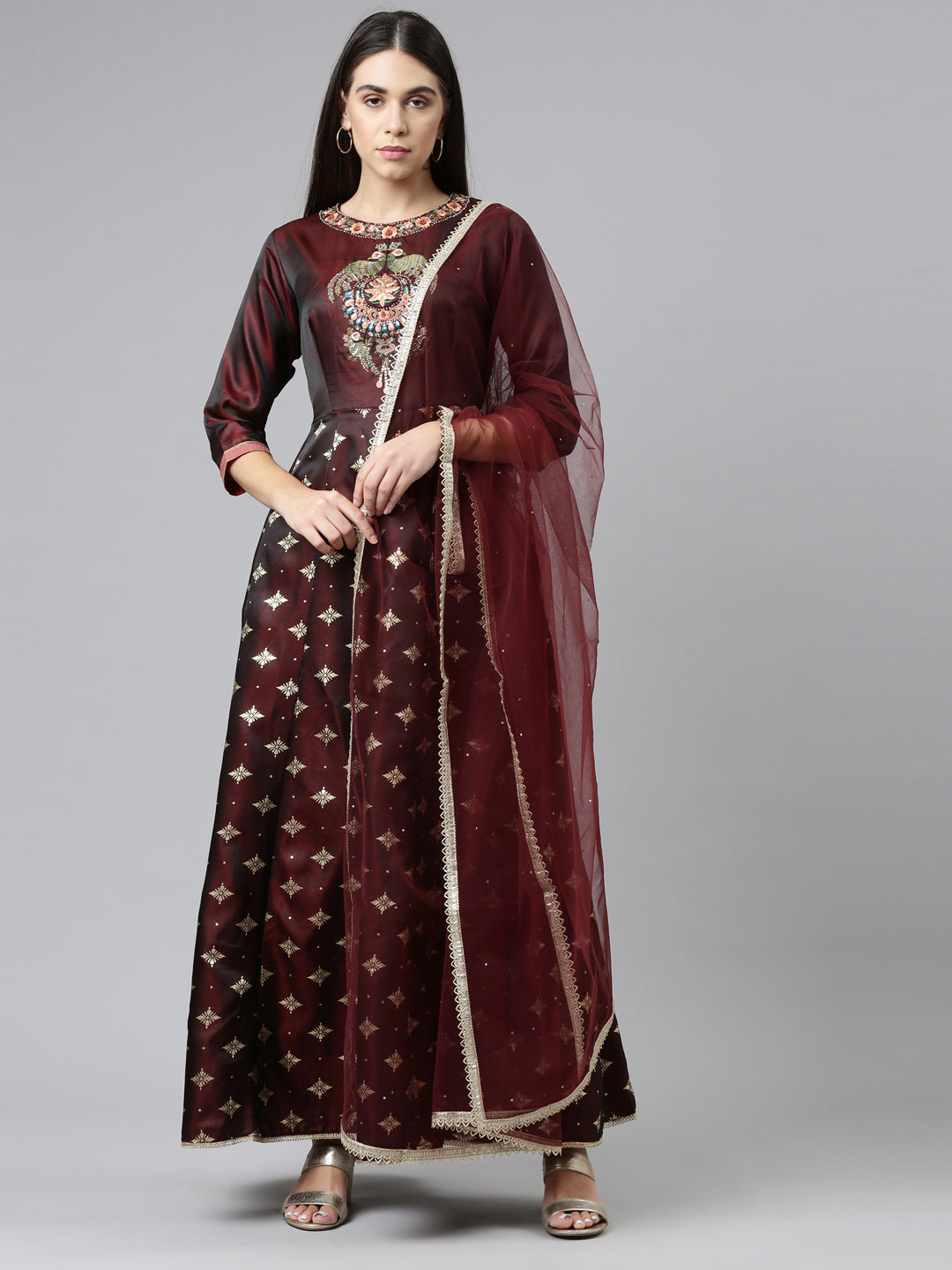 Neerus Brown silk embroidered maxi dress with dupatta - front view