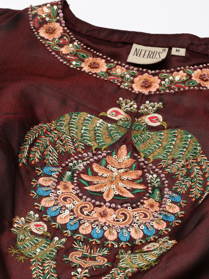 Neerus Brown silk embroidered maxi dress with dupatta - back view