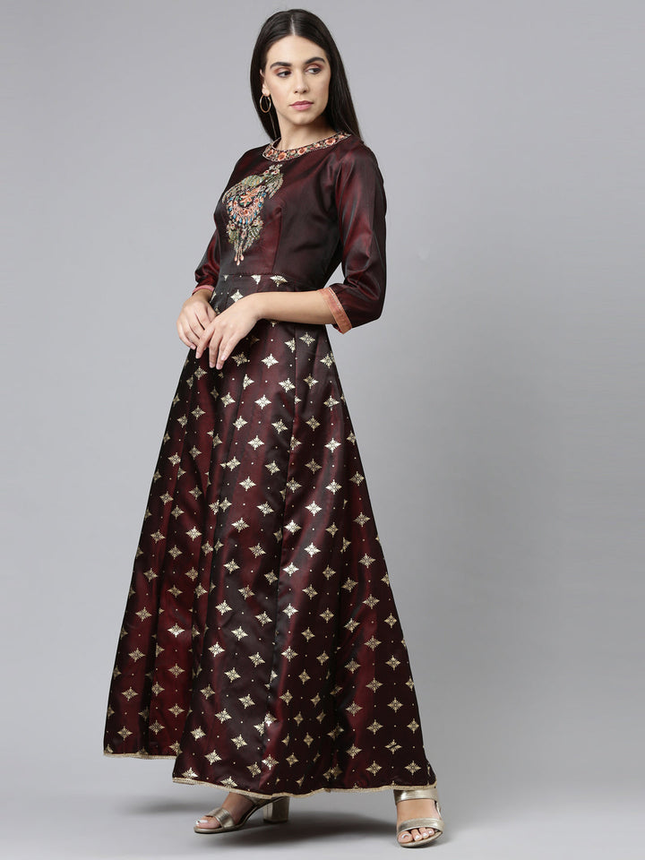 Neerus Brown silk embroidered maxi dress with dupatta - side view