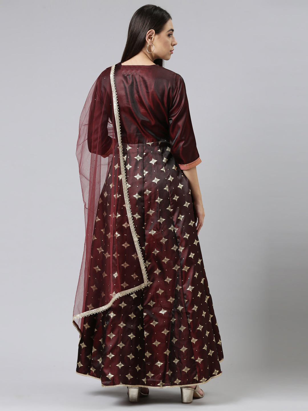 Neerus Brown silk embroidered maxi dress with dupatta - detail view 2