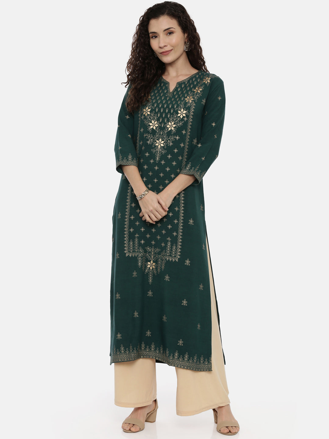 Neerus Green rayon thread embroidered kurti - detail view 2