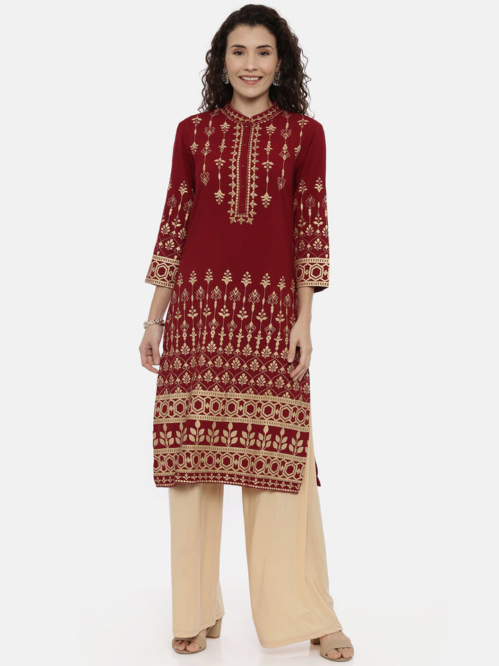 Neerus Maroon rayon printed kurti - front view