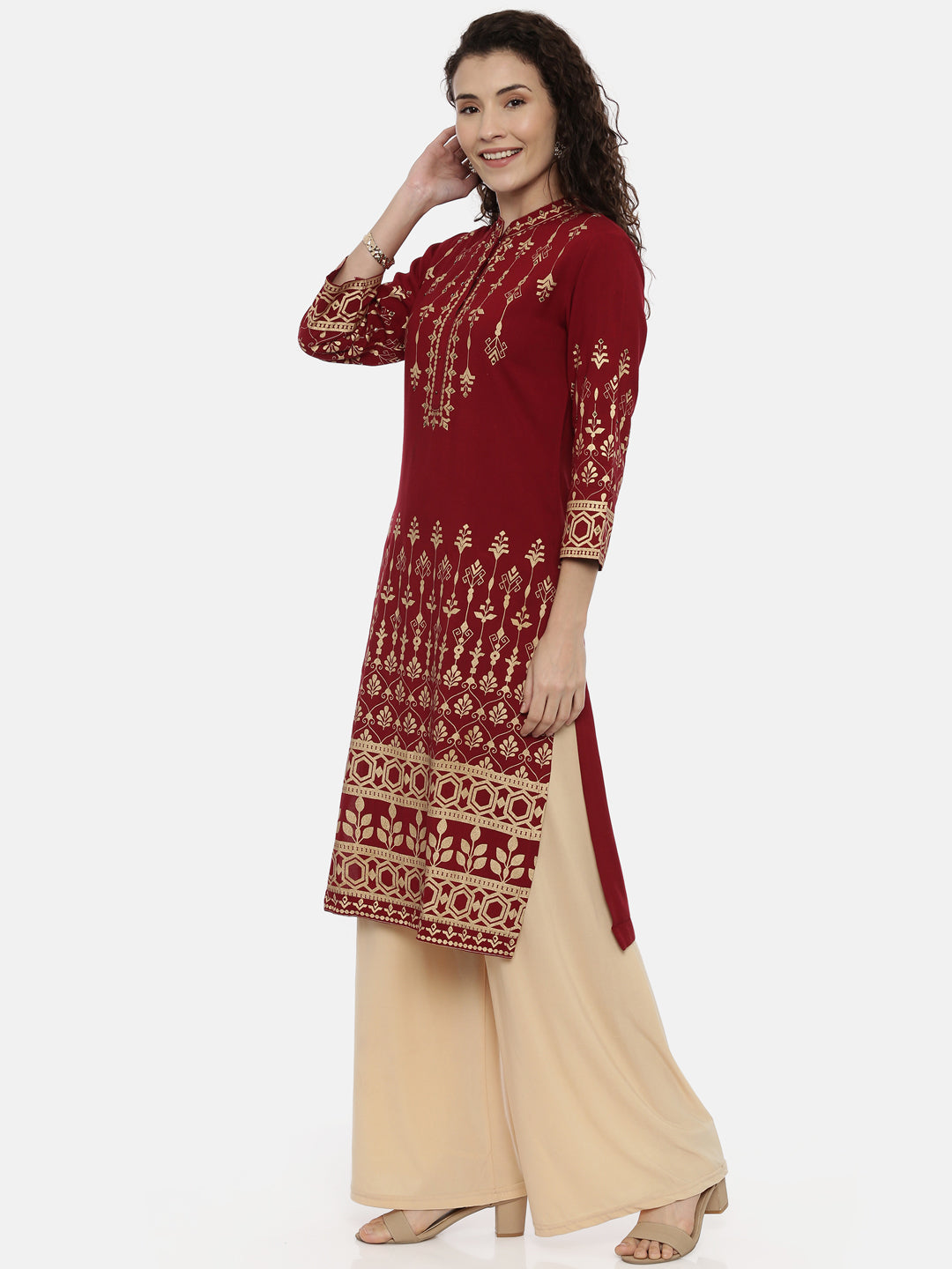 Neerus Maroon rayon printed kurti - back view