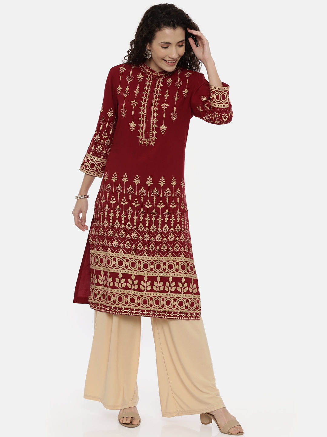 Neerus Maroon rayon printed kurti - detail view 1