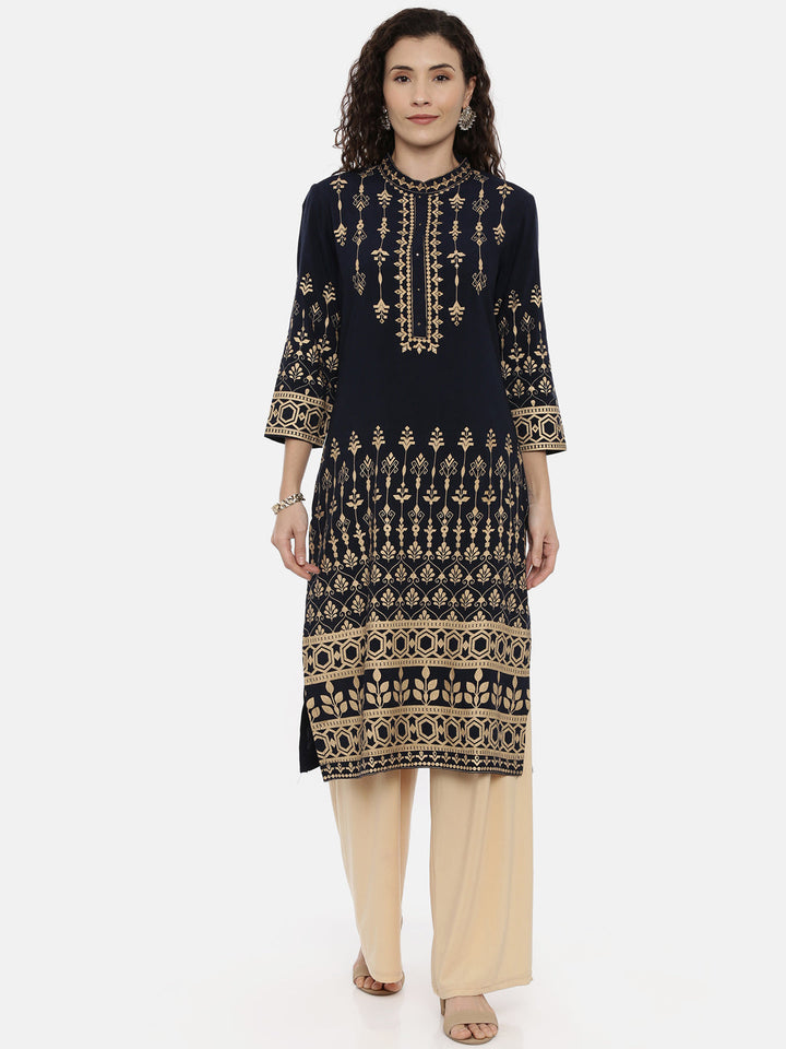 Neerus Blue rayon printed straight kurta - front view