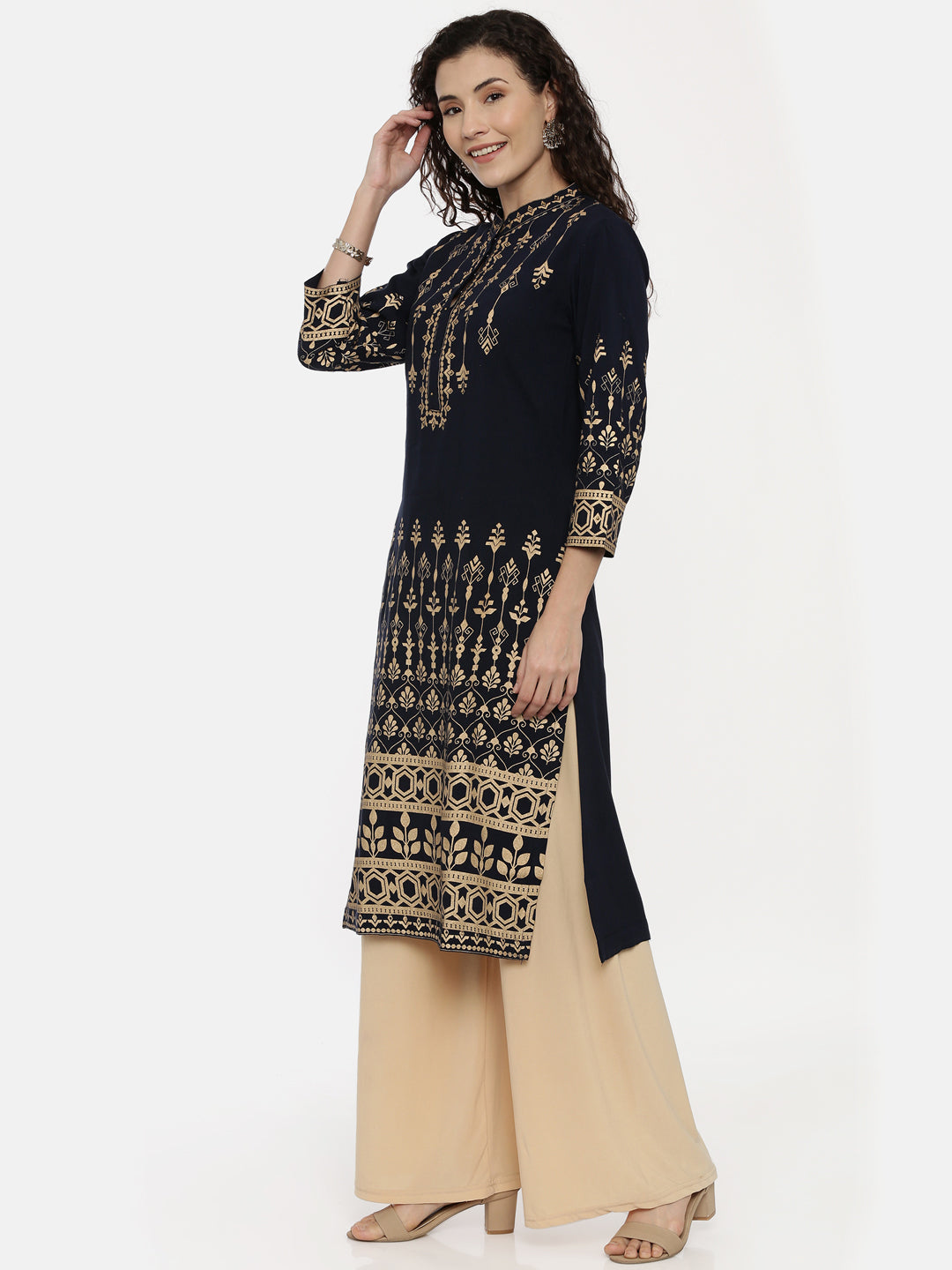Neerus Blue rayon printed straight kurta - back view