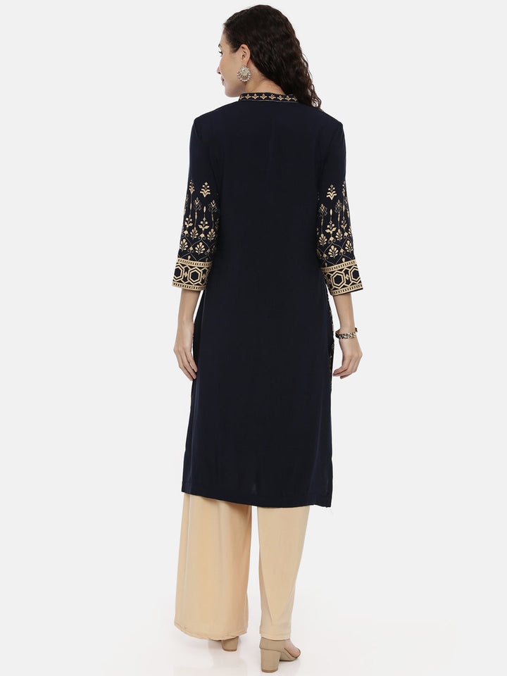 Neerus Blue rayon printed straight kurta - side view