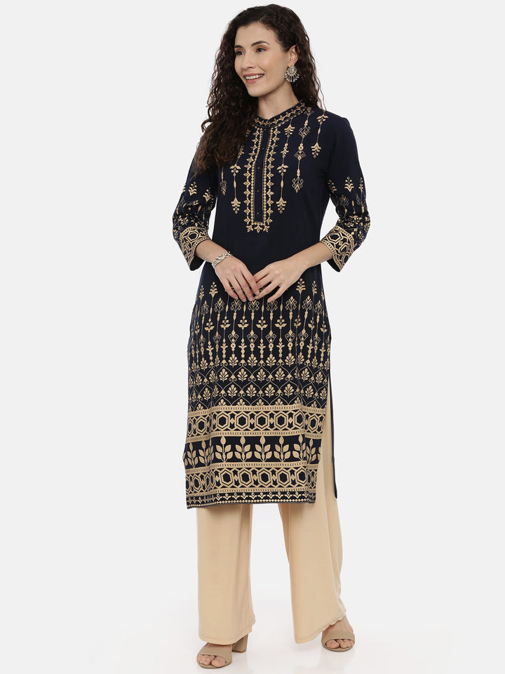 Neerus Blue rayon printed straight kurta - detail view 2