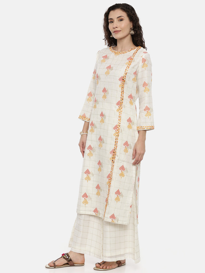 Neerus Beige embroidered suit set with palazzo and dupatta - back view