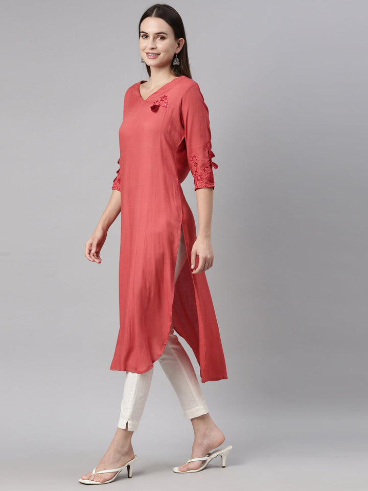 Neerus Red cotton thread embroidered kurti - detail view 3