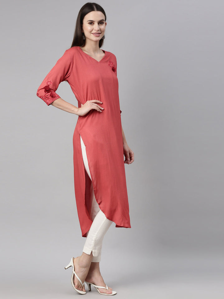 Neerus Red cotton thread embroidered kurti - side view