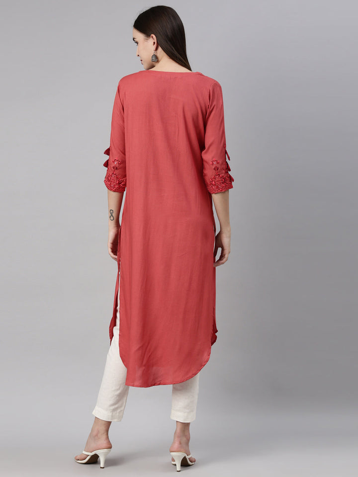 Neerus Red cotton thread embroidered kurti - detail view 1