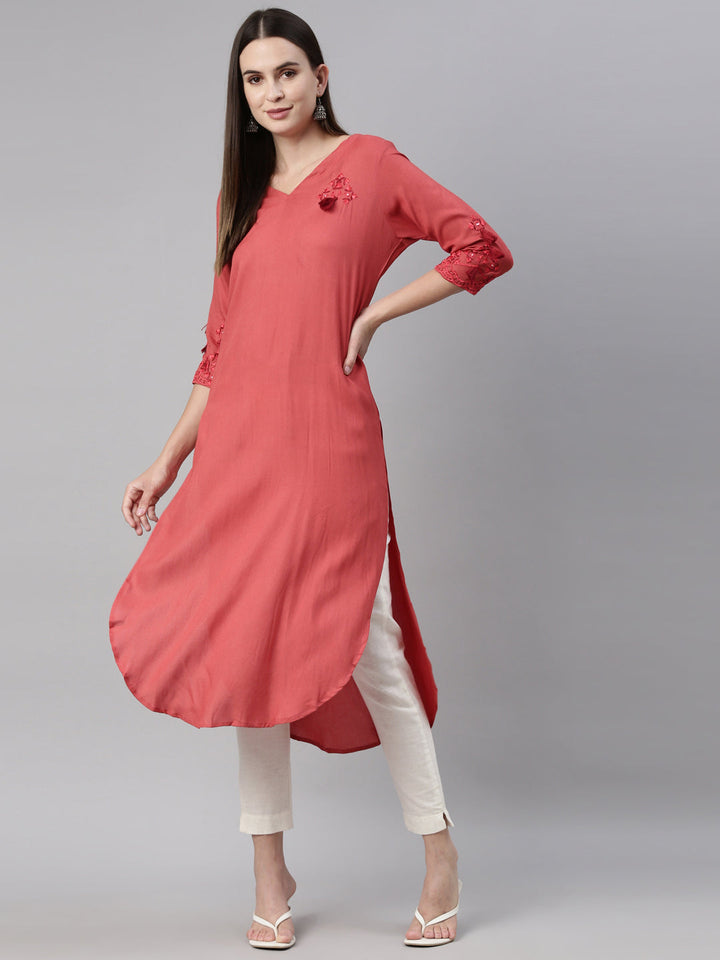 Neerus Red cotton thread embroidered kurti - back view