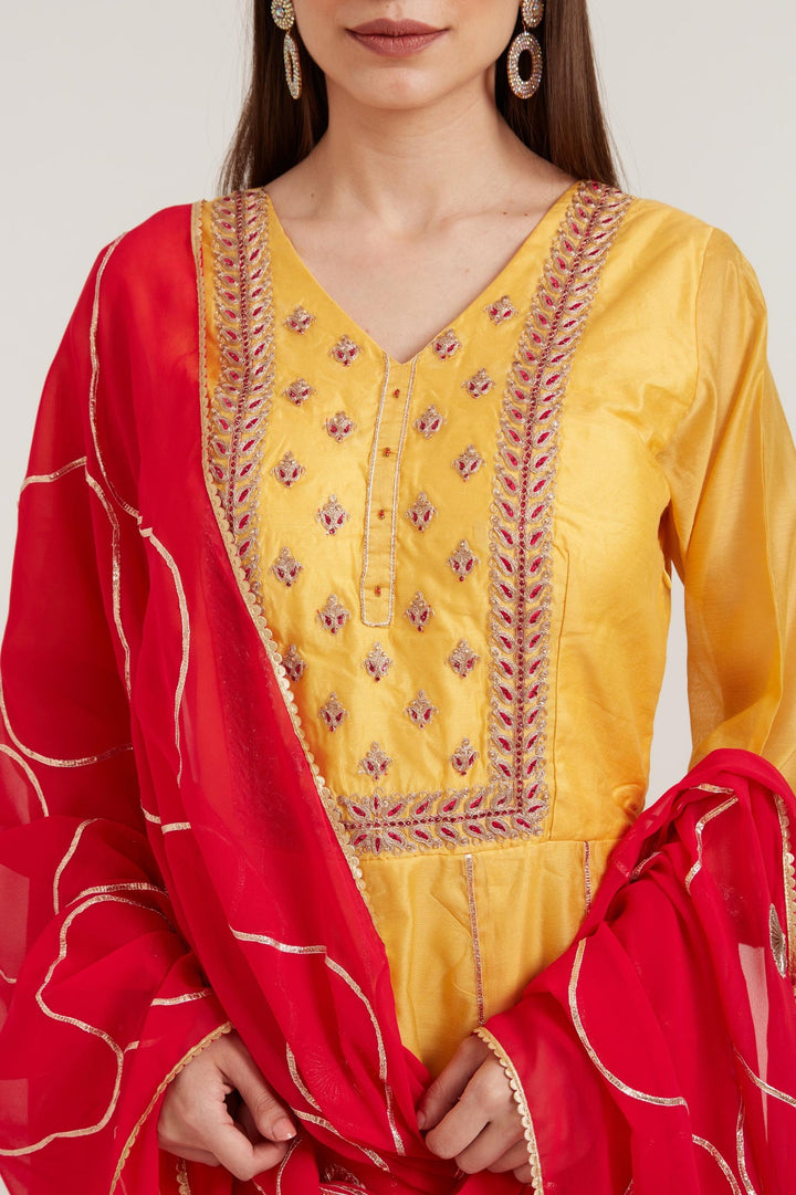 Neerus Yellow Chanderi Cotton Embroidered Anarkali Suit Set - detail view 5