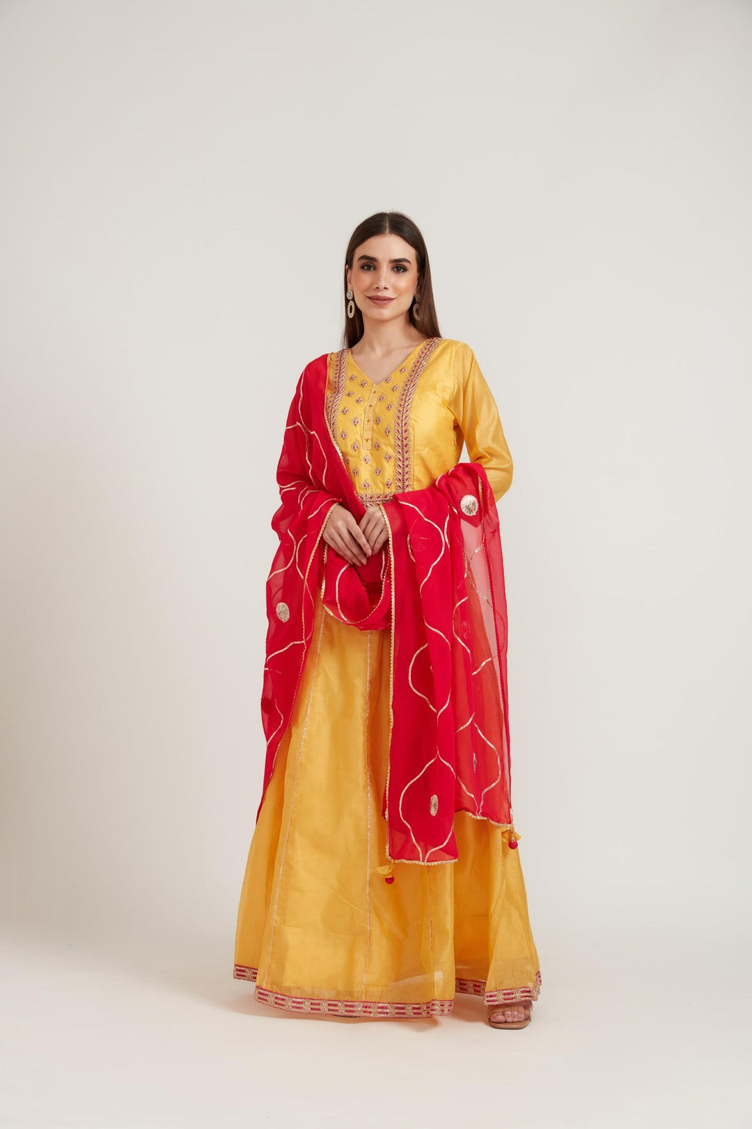 Neerus Yellow Chanderi Cotton Embroidered Anarkali Suit Set - detail view 6