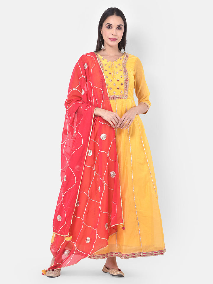 Neerus Yellow Chanderi Cotton Embroidered Anarkali Suit Set - front view