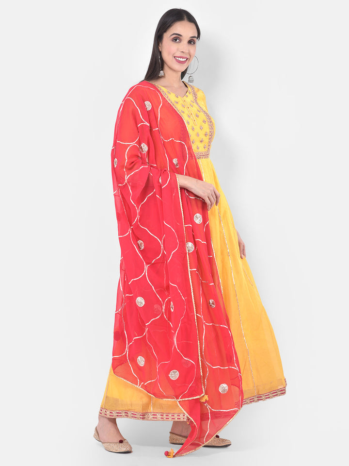 Neerus Yellow Chanderi Cotton Embroidered Anarkali Suit Set - side view