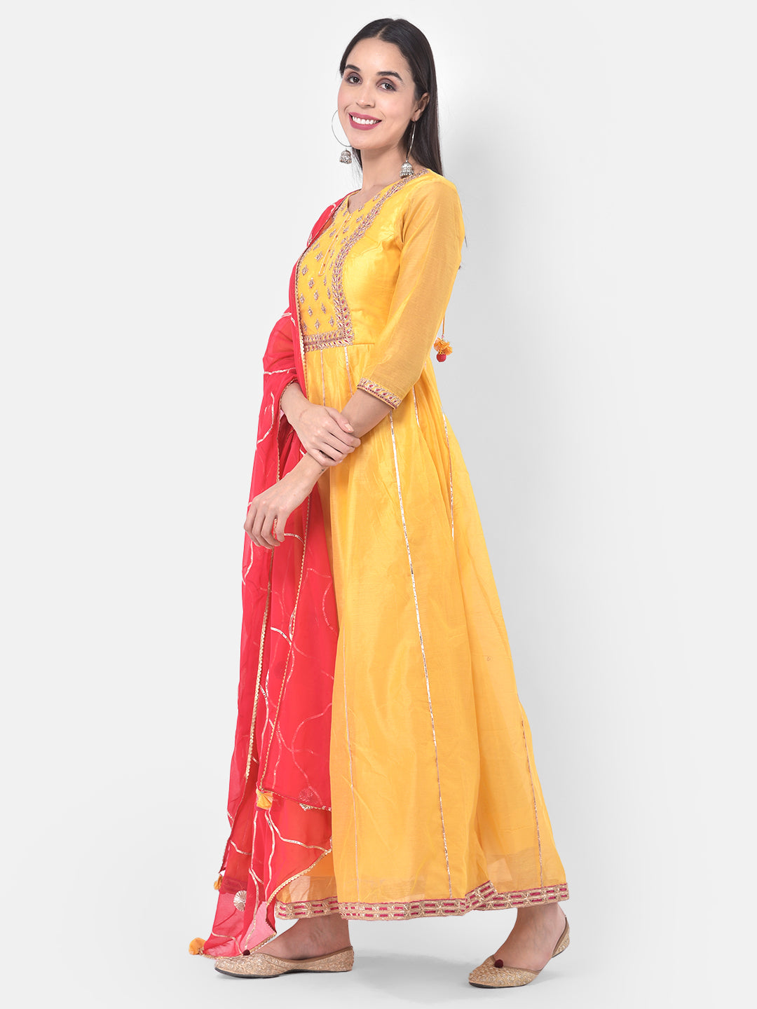 Neerus Yellow Chanderi Cotton Embroidered Anarkali Suit Set - detail view 1