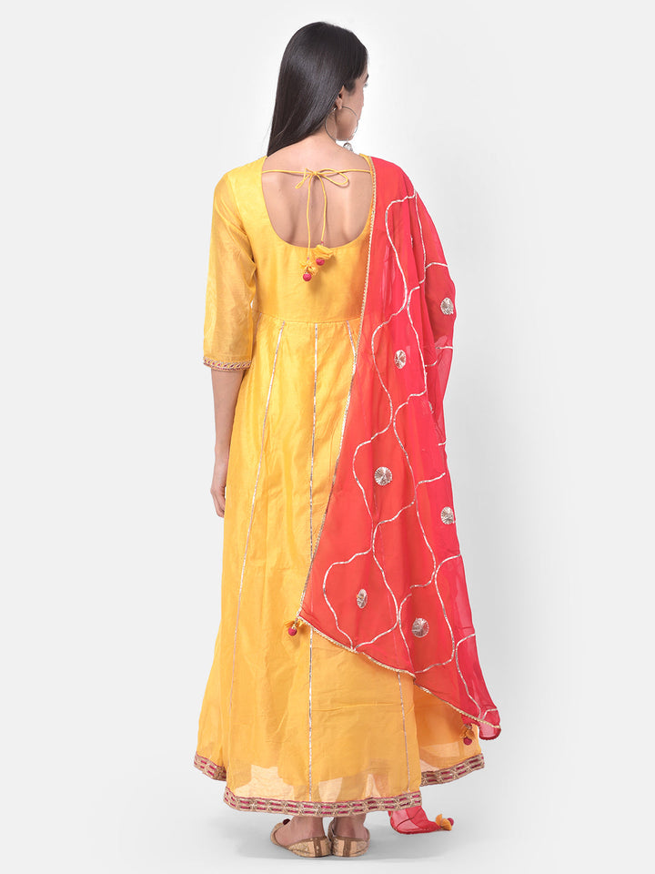 Neerus Yellow Chanderi Cotton Embroidered Anarkali Suit Set - detail view 2