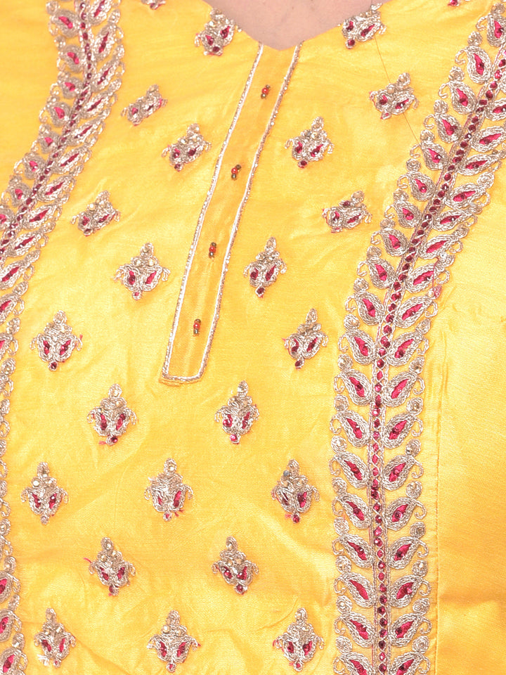 Neerus Yellow Chanderi Cotton Embroidered Anarkali Suit Set - detail view 3