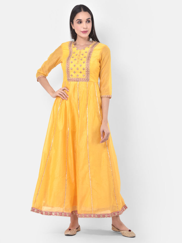 Neerus Yellow Chanderi Cotton Embroidered Anarkali Suit Set - detail view 4