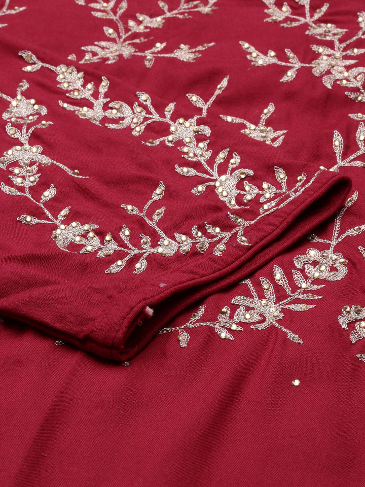 Neerus Maroon viscose rayon thread embroidered kurta - detail view 3