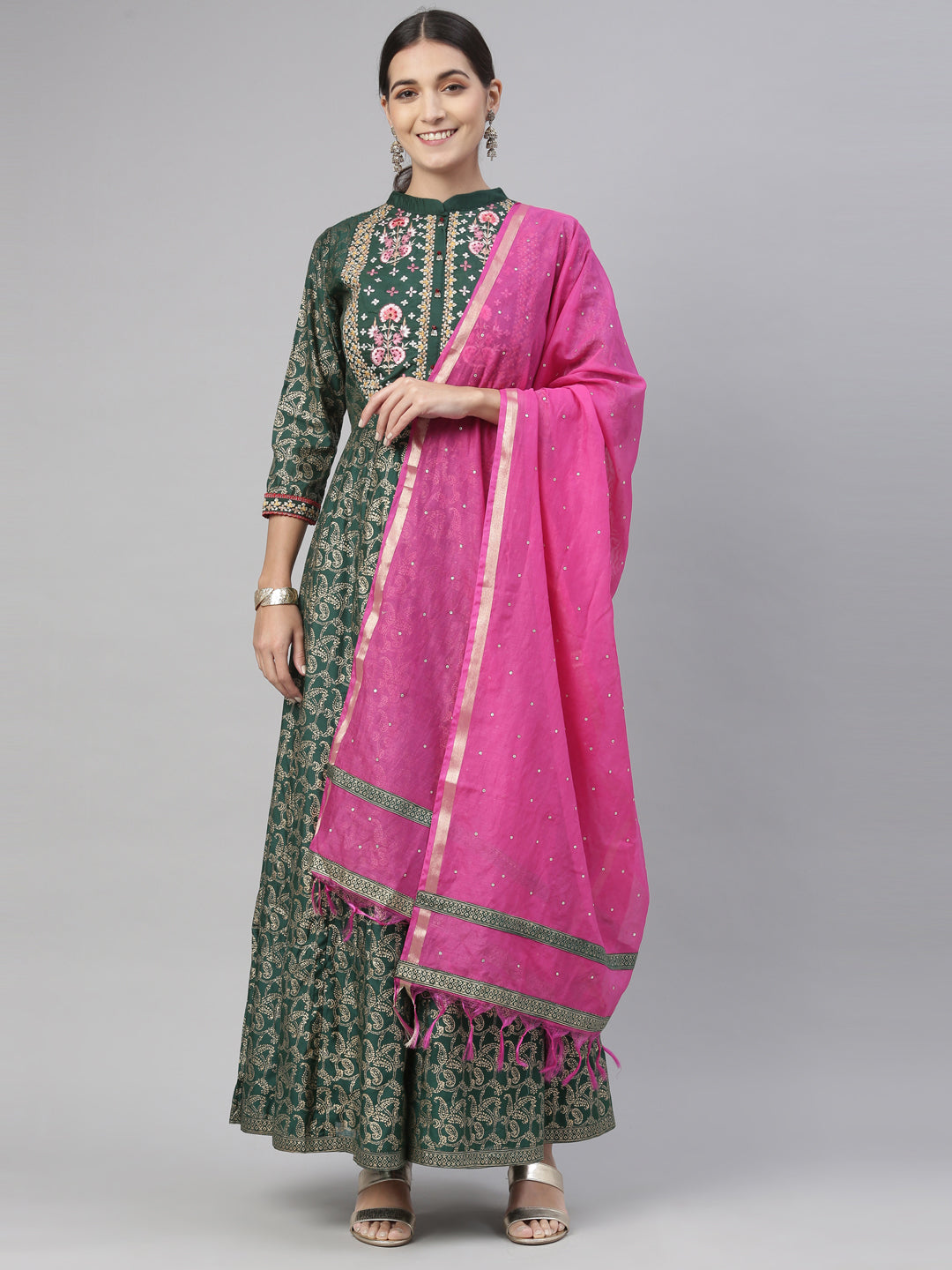 Neerus Green silk kurta set - front view