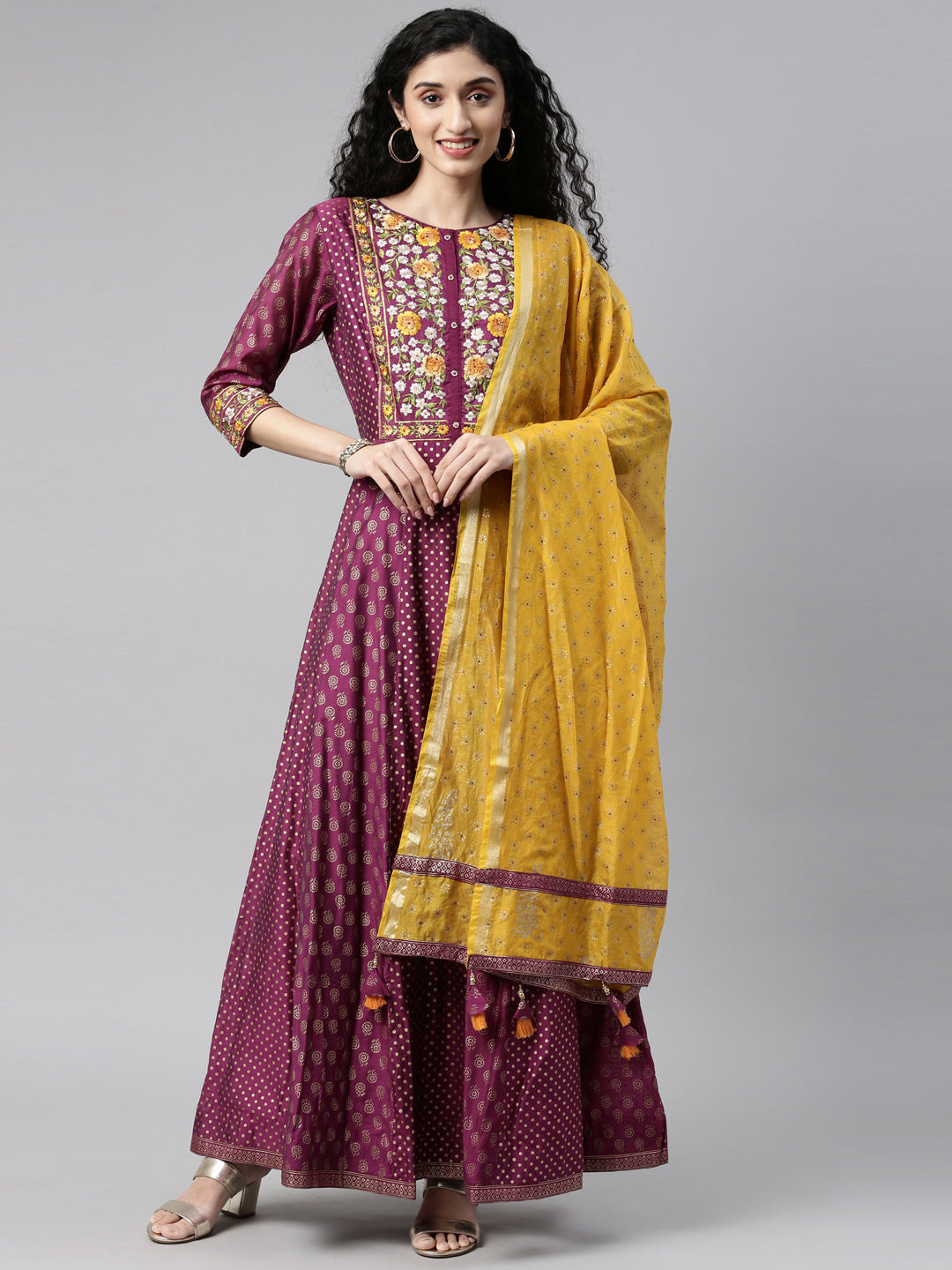 Neerus Purple Chanderi printed kurta set - front view