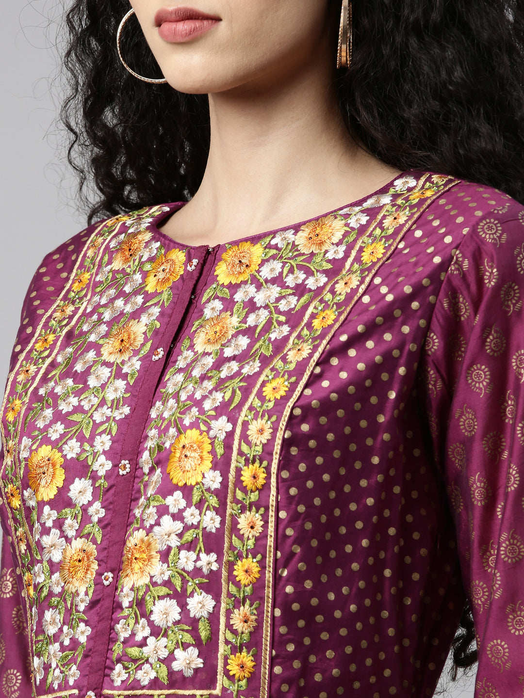 Neerus Purple Chanderi printed kurta set - side view