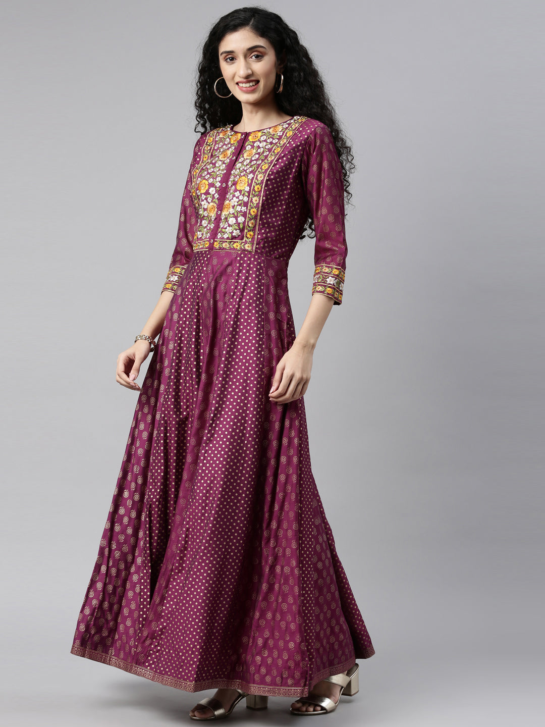 Neerus Purple Chanderi printed kurta set - detail view 5