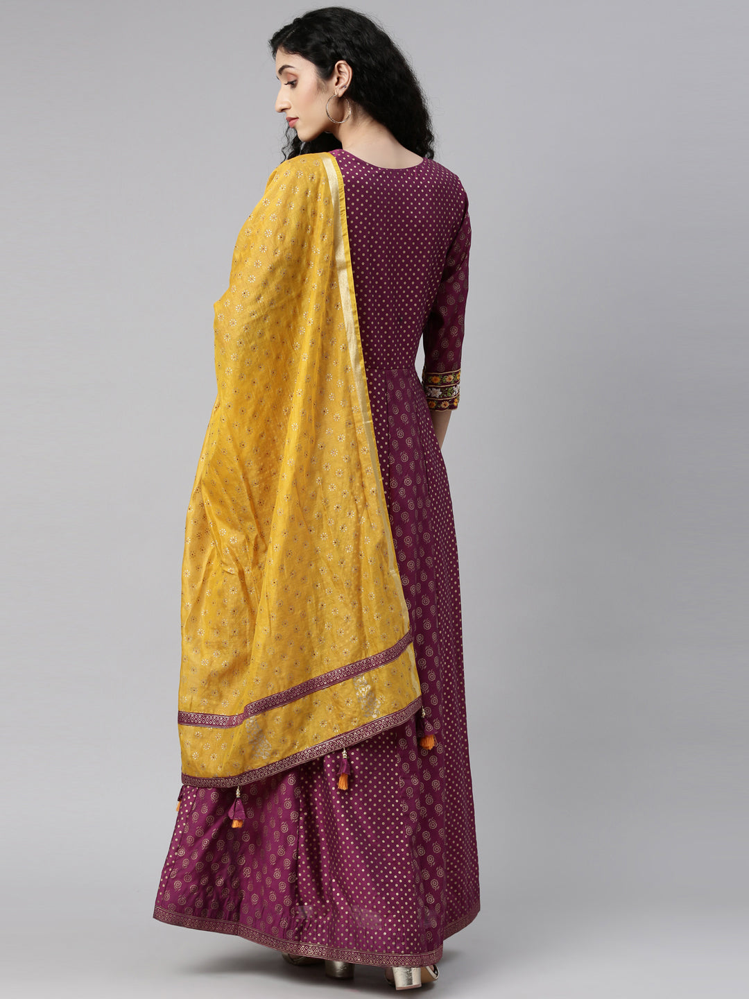 Neerus Purple Chanderi printed kurta set - detail view 7