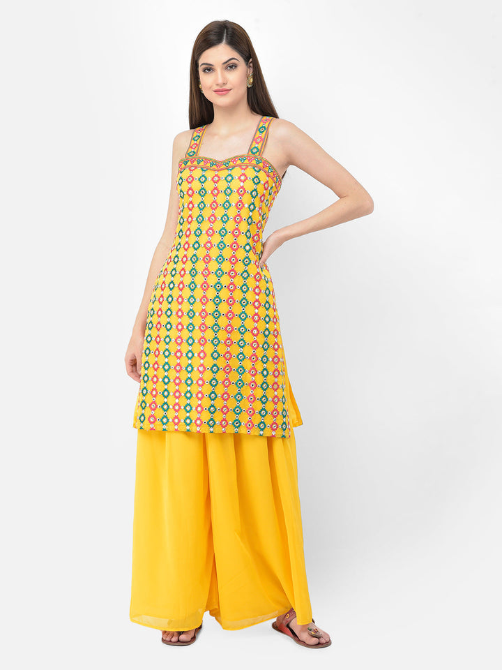 Neerus Yellow georgette printed palazzo set - detail view 7