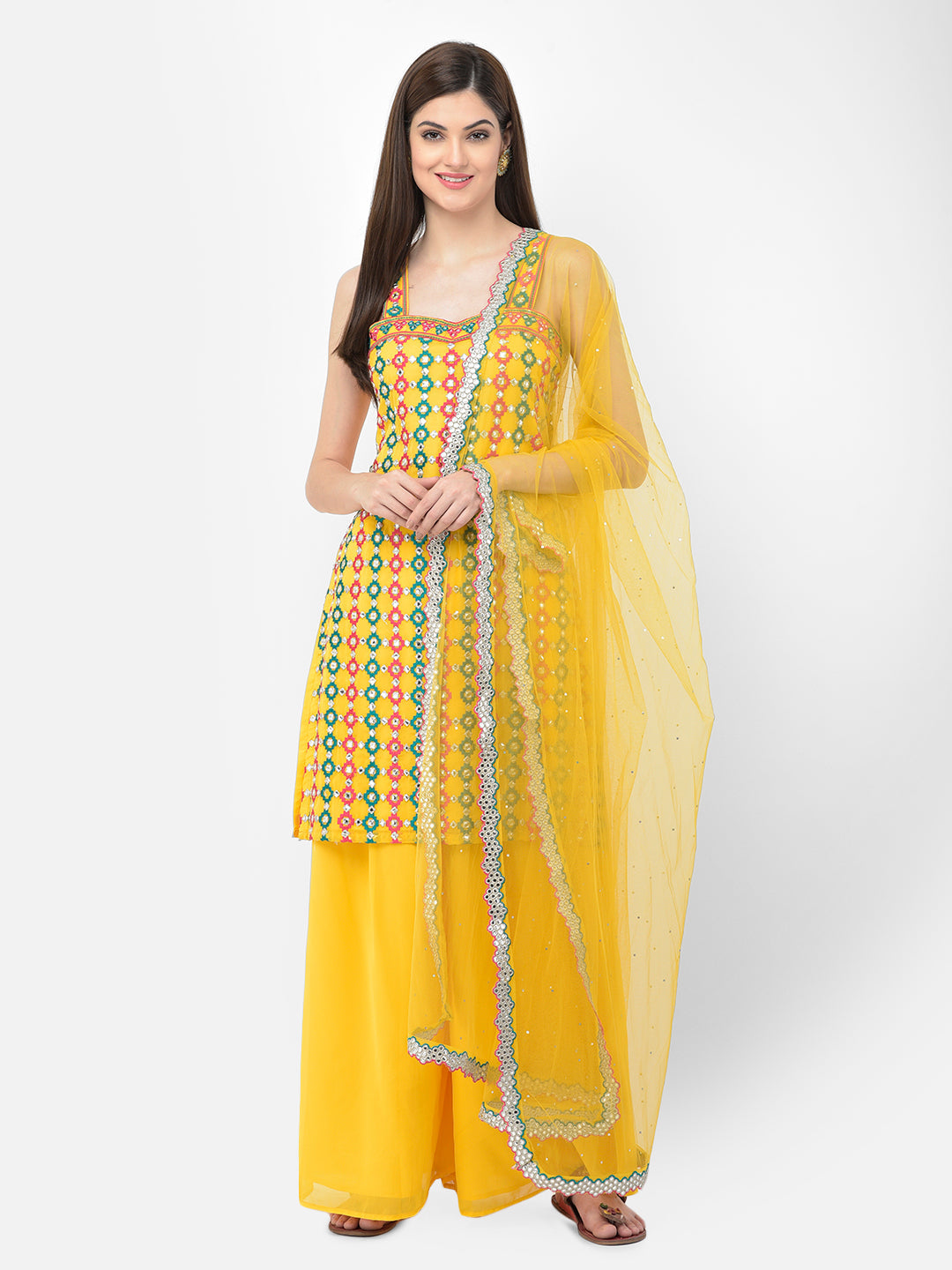 Neerus Yellow georgette printed palazzo set - front view