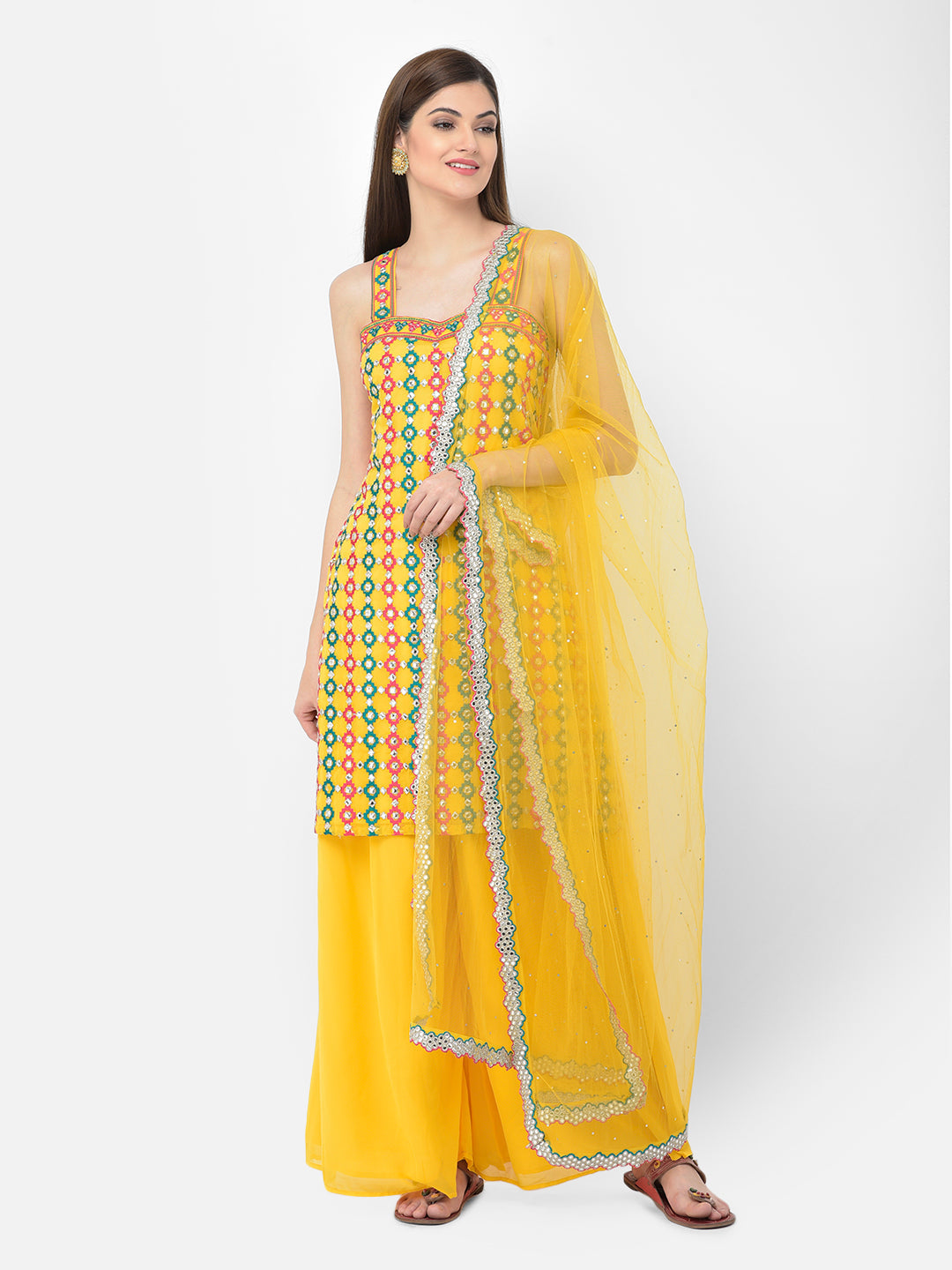 Neerus Yellow georgette printed palazzo set - back view