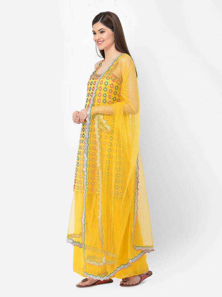 Neerus Yellow georgette printed palazzo set - side view