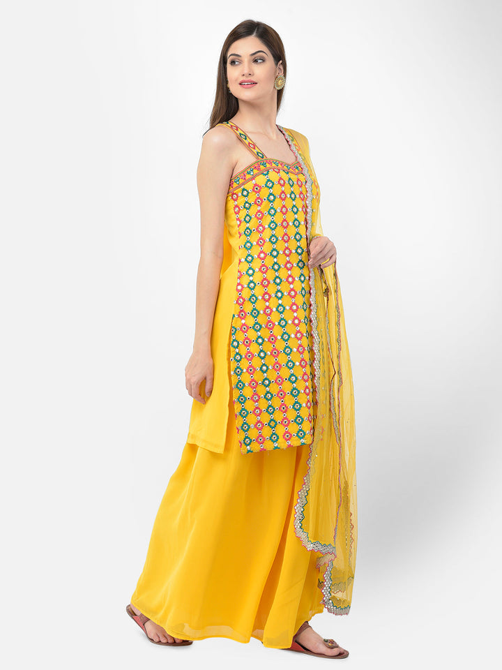 Neerus Yellow georgette printed palazzo set - detail view 1
