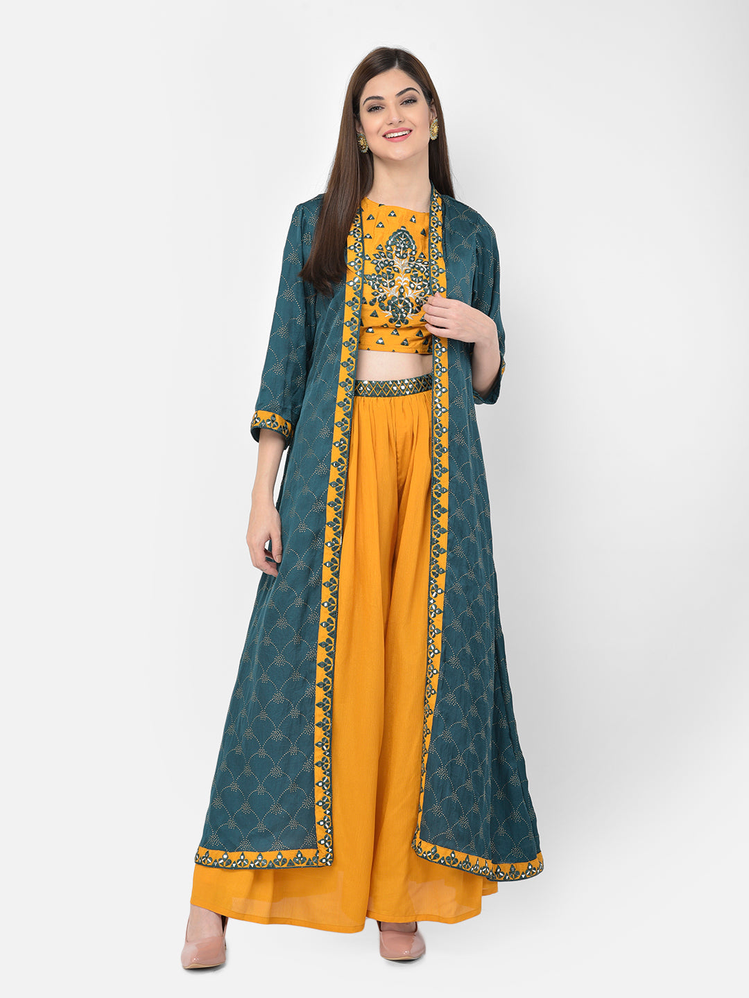 Neerus Yellow crepe embellished lehenga set - front view