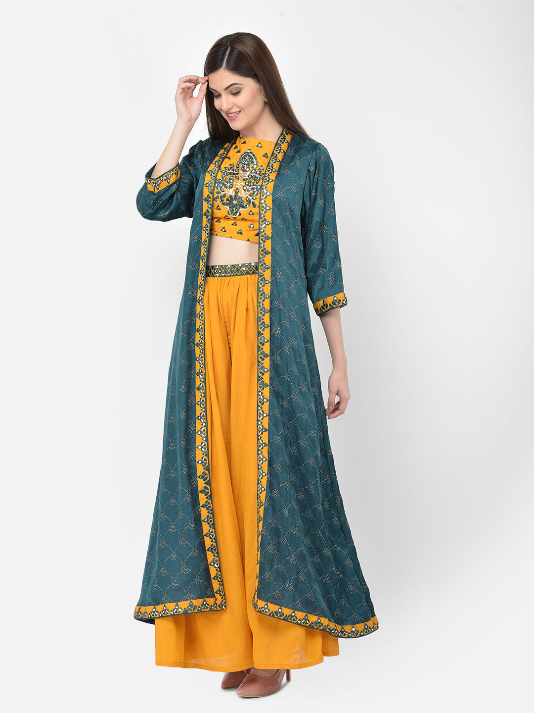 Neerus Yellow crepe embellished lehenga set - side view