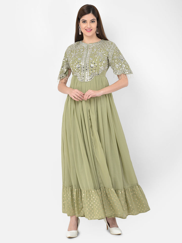 Neerus Green Georgette Embroidered Anarkali Suit Set - detail view 3