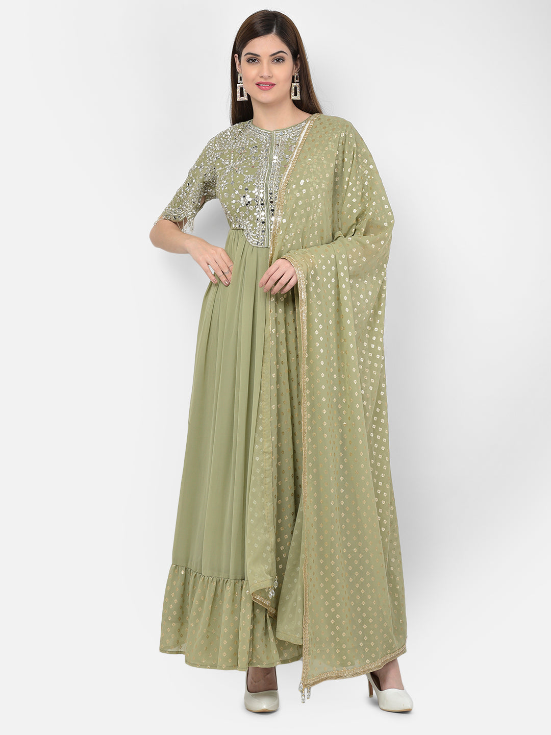 Neerus Green Georgette Embroidered Anarkali Suit Set - front view