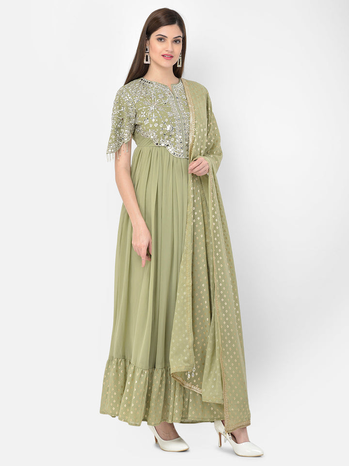 Neerus Green Georgette Embroidered Anarkali Suit Set - back view