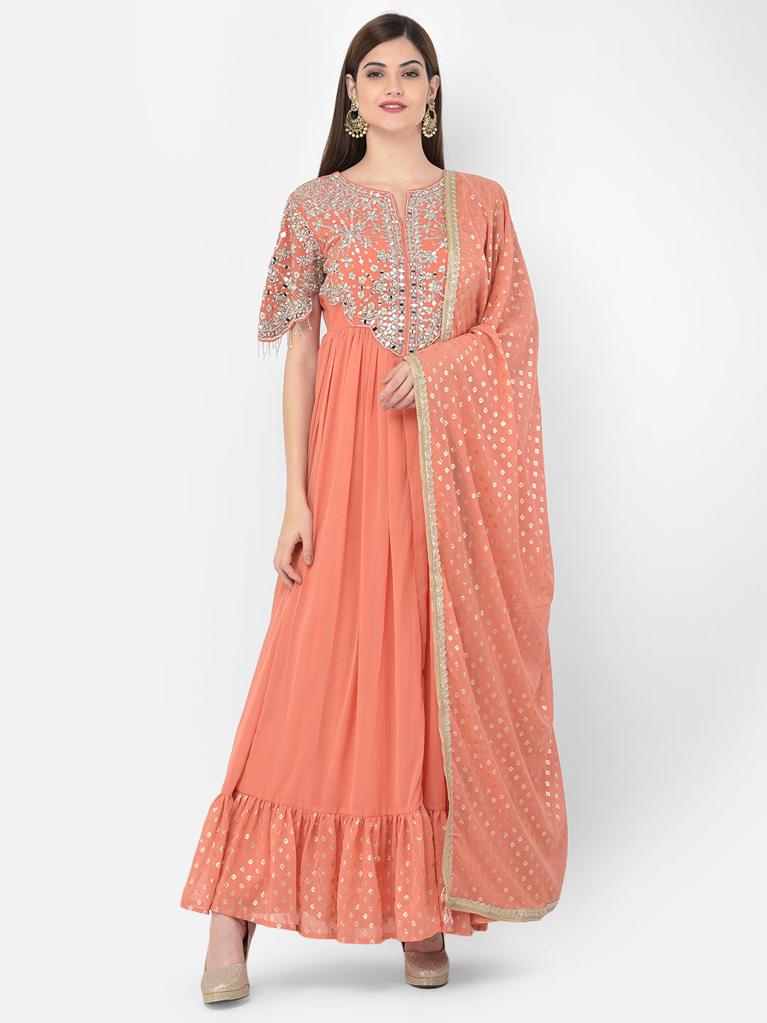 Neerus Orange Georgette Mirror Work Kurta Set - detail view 5