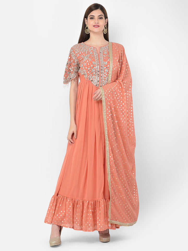 Neerus Orange Georgette Mirror Work Kurta Set - detail view 5
