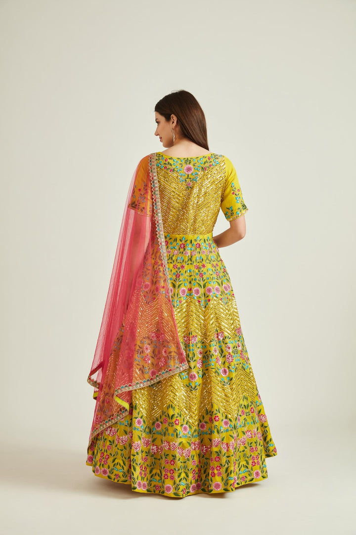 Neerus Yellow organza embellished gown - side view
