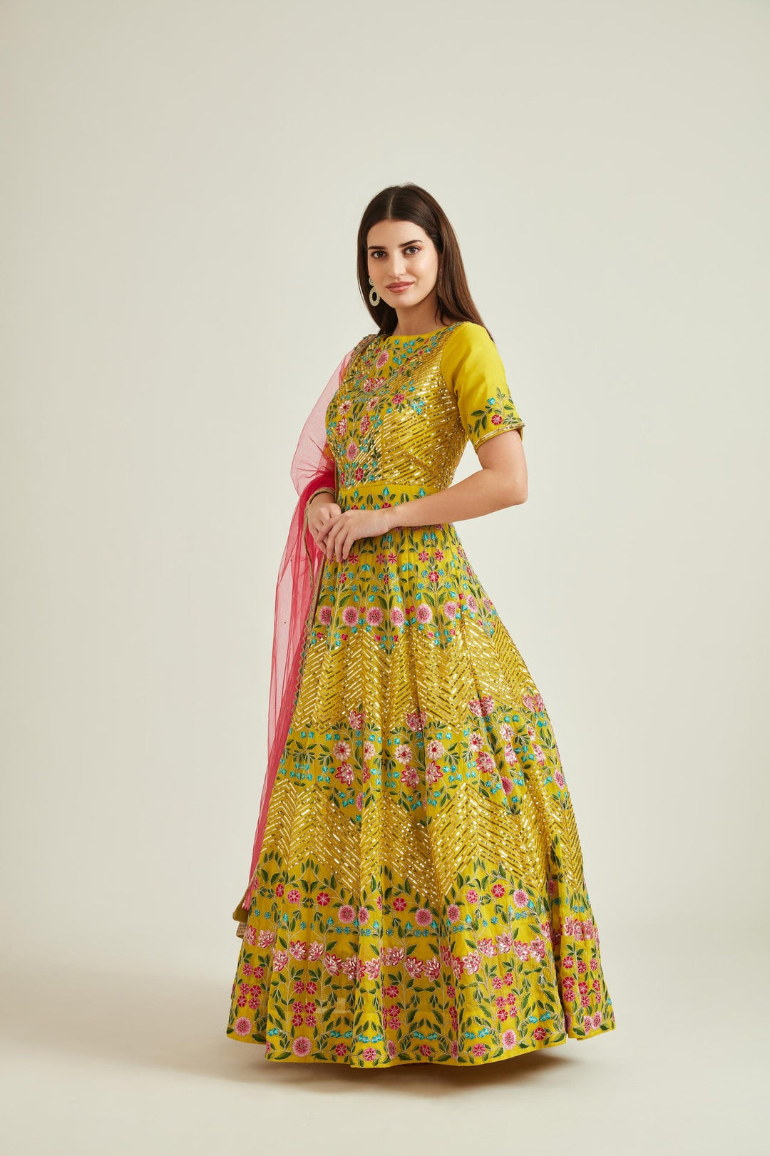 Neerus Yellow organza embellished gown - detail view 1