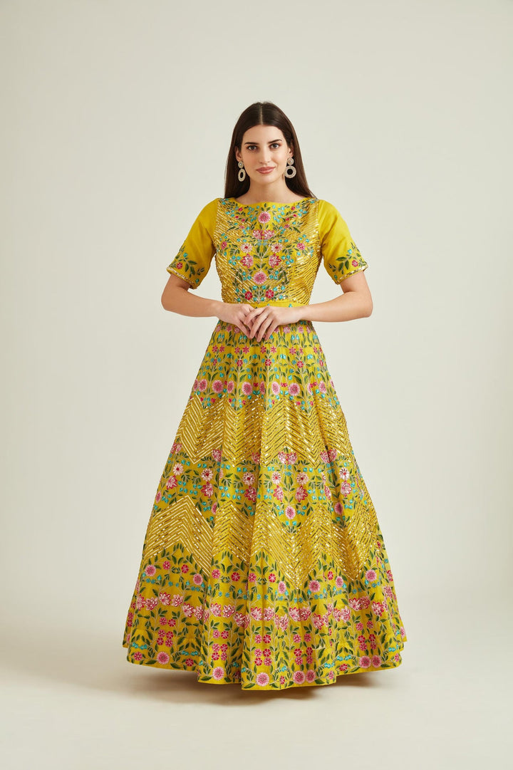 Neerus Yellow organza embellished gown - front view