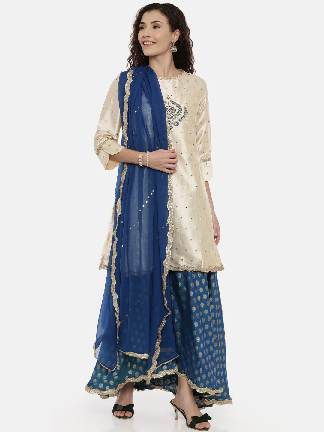 Neerus Beige georgette embroidered kurta set with skirt and dupatta - front view